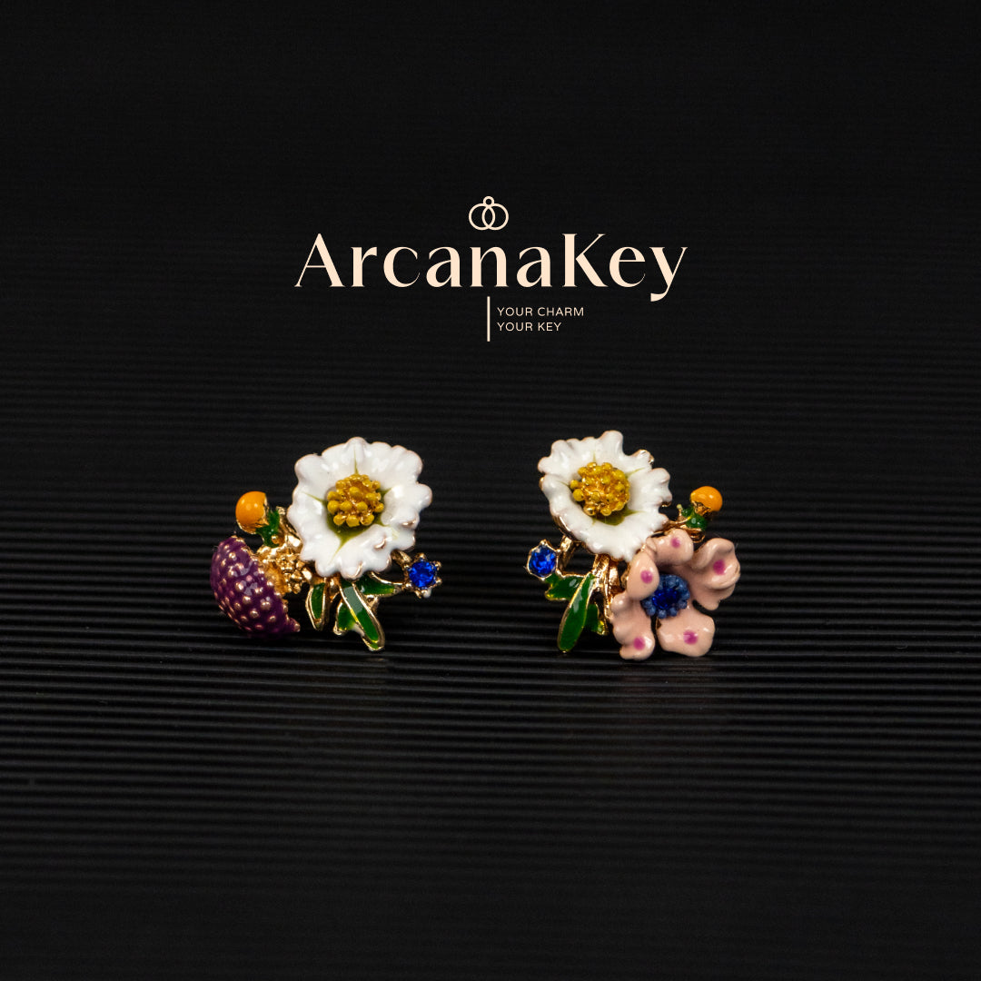 Vintage floral earrings with asymmetrical enamel design