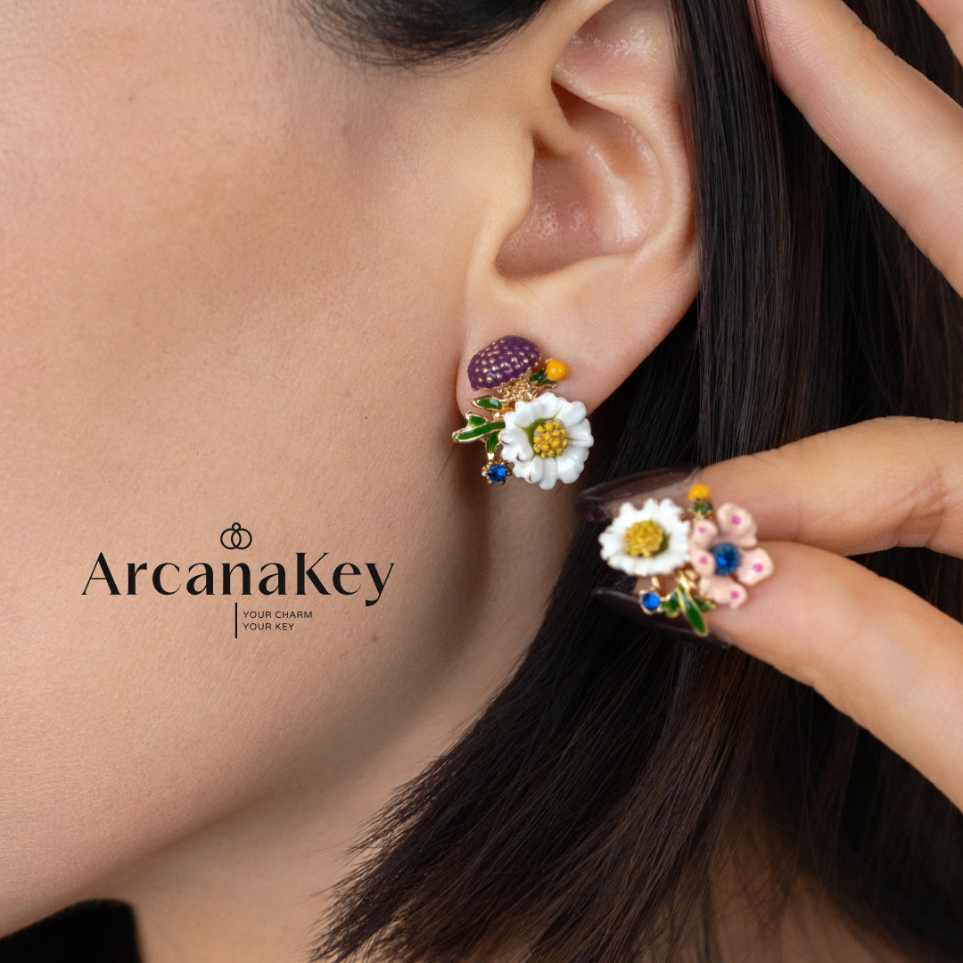 Vintage floral earrings with asymmetrical enamel design