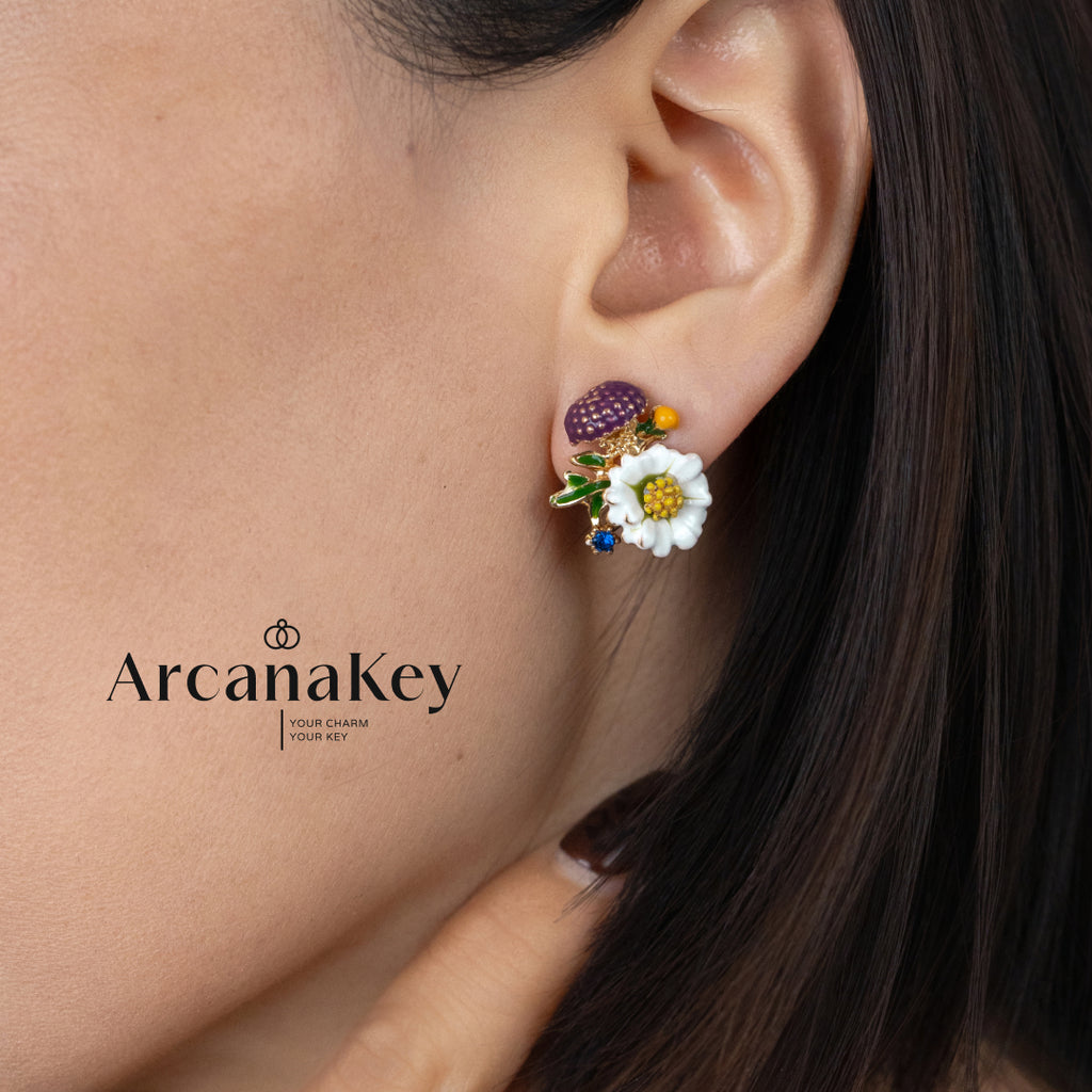 Vintage floral earrings with asymmetrical enamel design