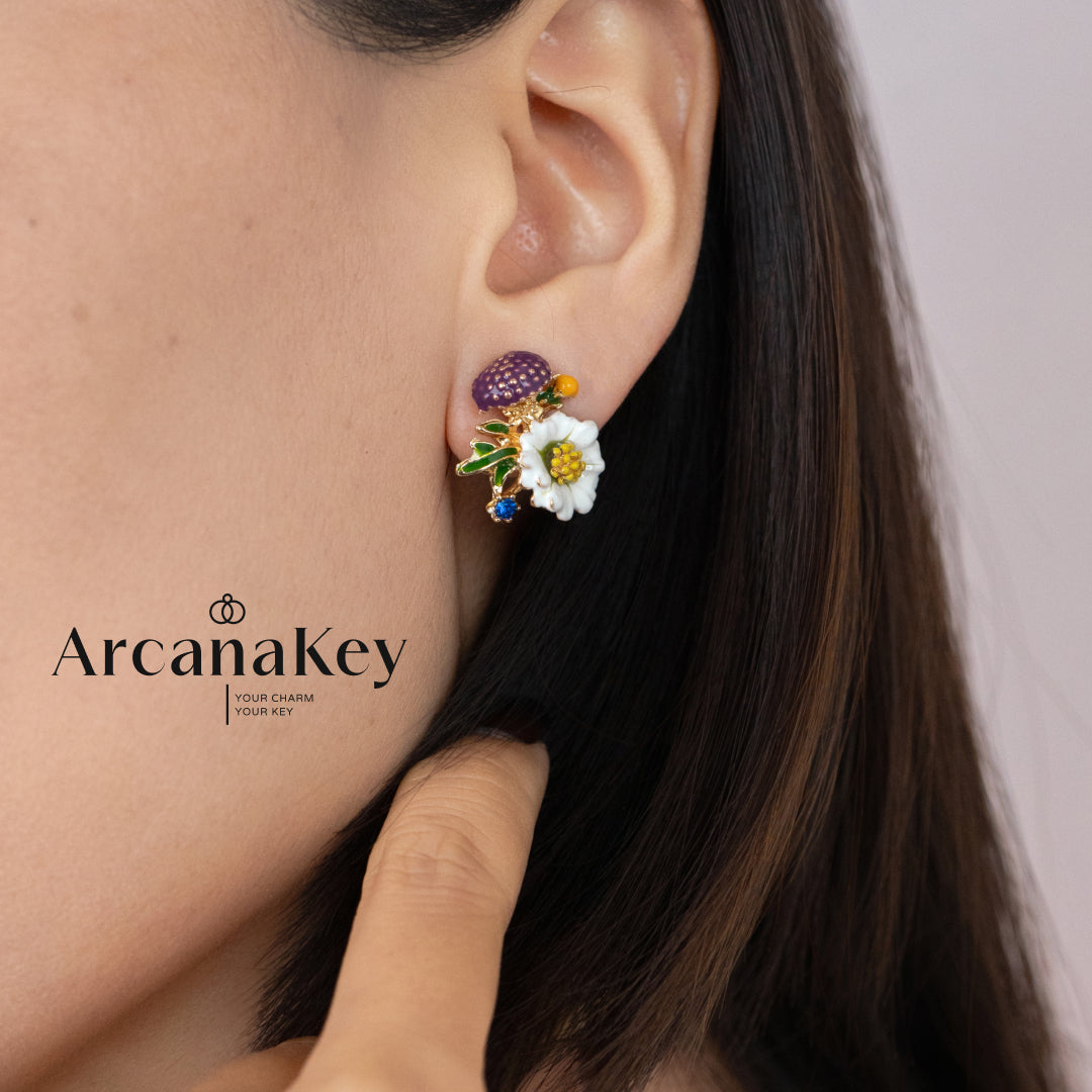 Vintage floral earrings with asymmetrical enamel design