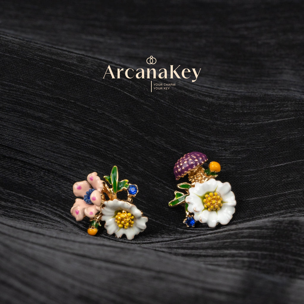 Vintage floral earrings with asymmetrical enamel design