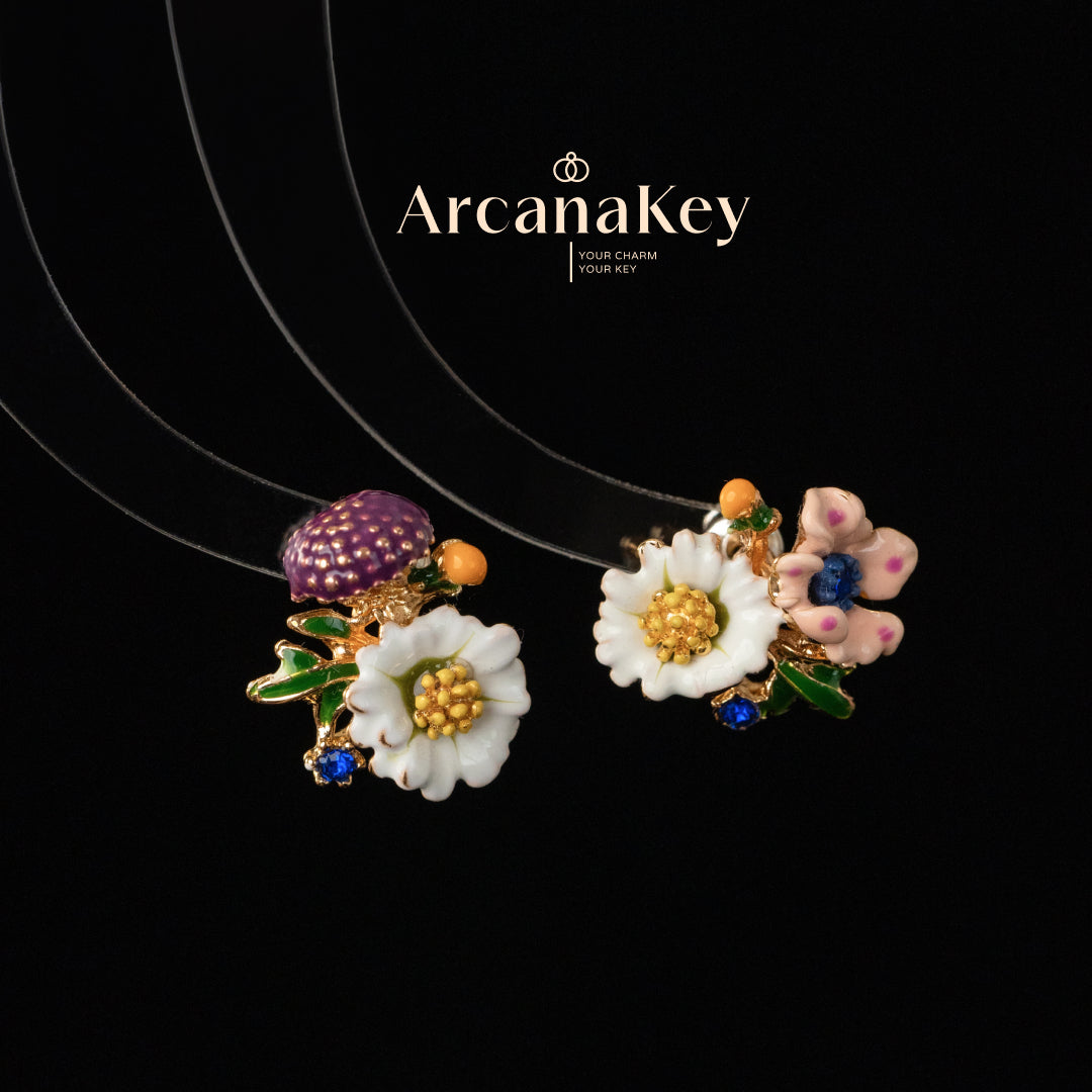 Vintage floral earrings with asymmetrical enamel design