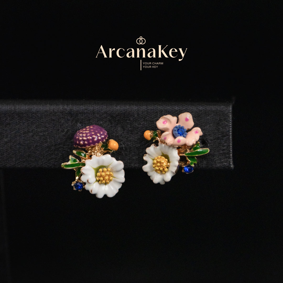 Vintage floral earrings with asymmetrical enamel design