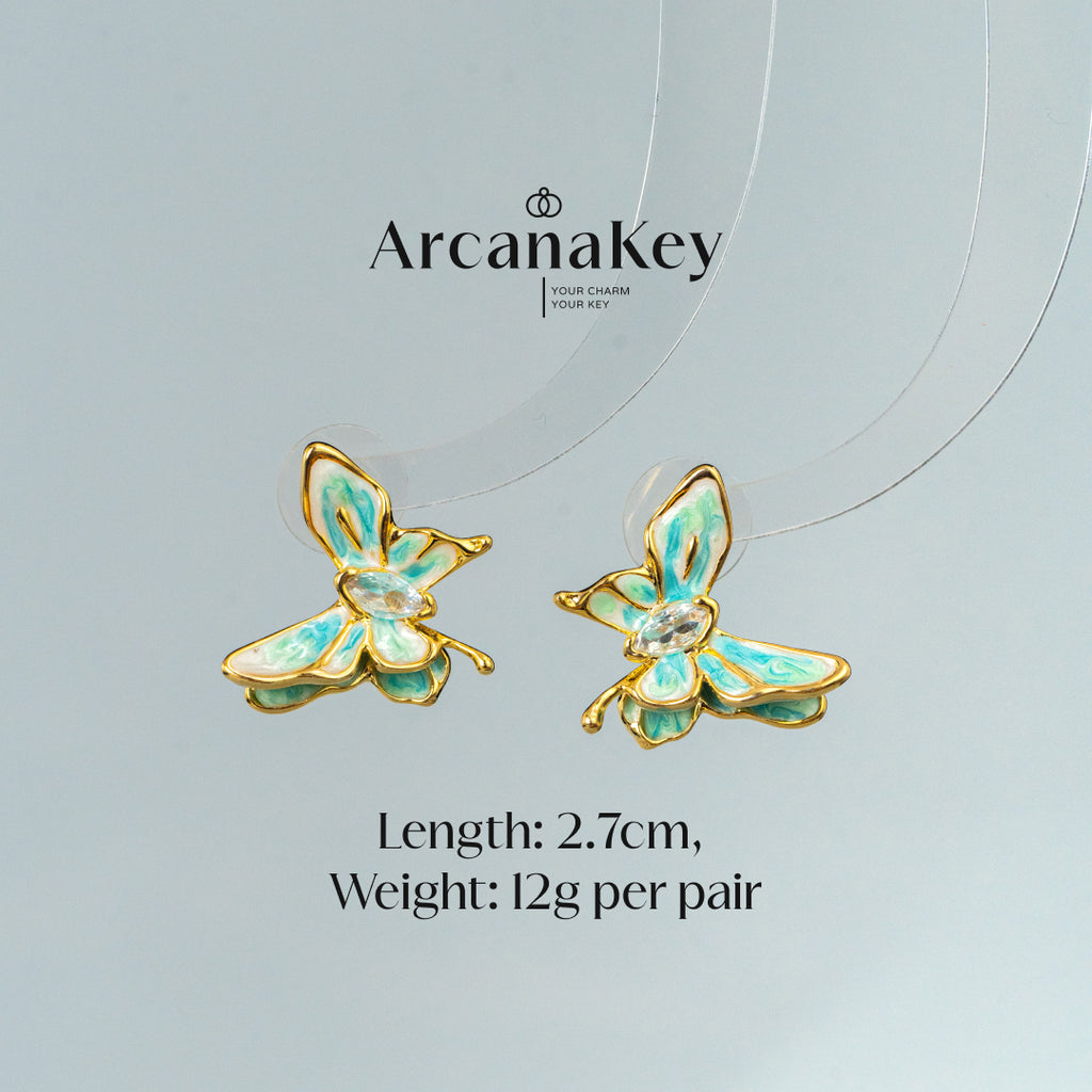 Vintage butterfly earrings with enamel drip finish & asymmetrical design