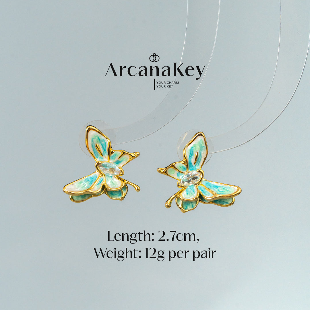 Vintage butterfly earrings with enamel drip finish & asymmetrical design