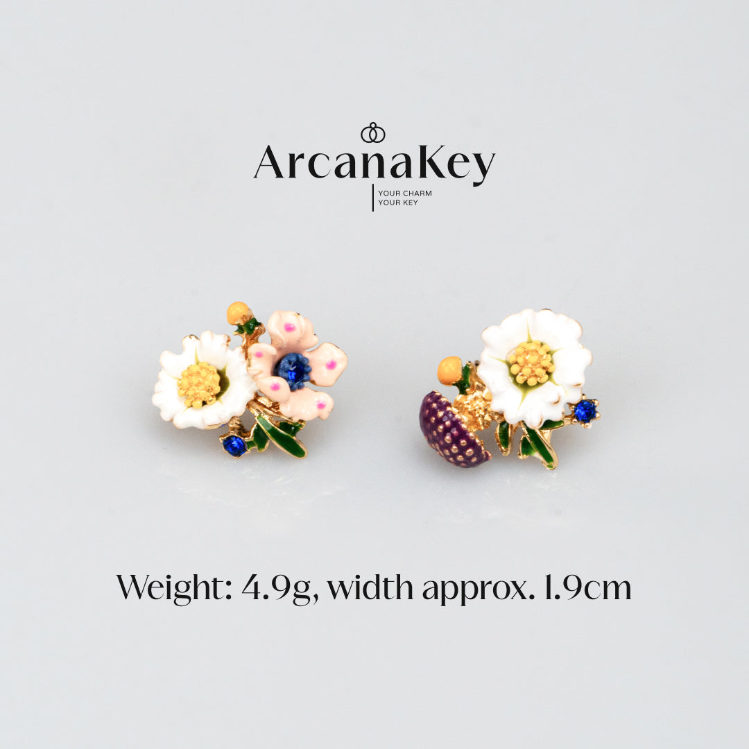 Vintage floral earrings with asymmetrical enamel design